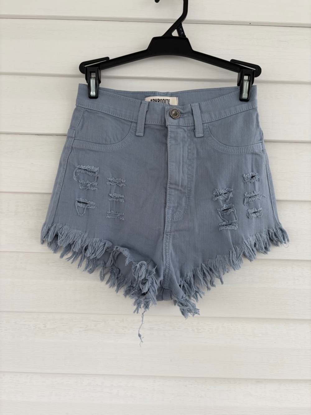 Aphrodite Blue Gray Stone Denim Shorts Frayed Hem Classic Summer Cutoffs
